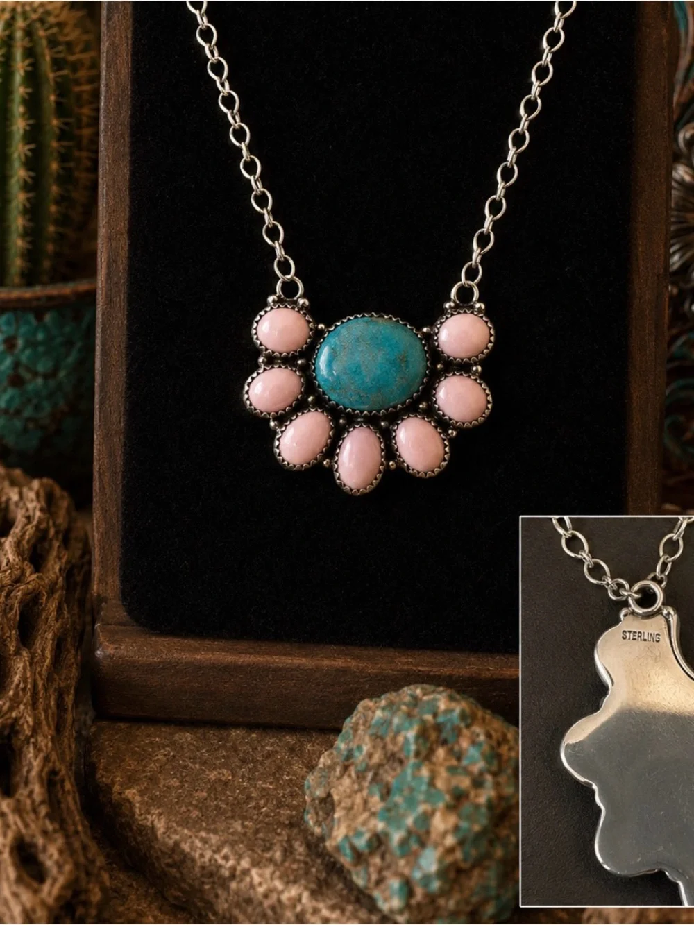 Authentic Kingman Turquoise & Pink Conch Sterling Silver Cluster Necklace - Picture 3 of 5